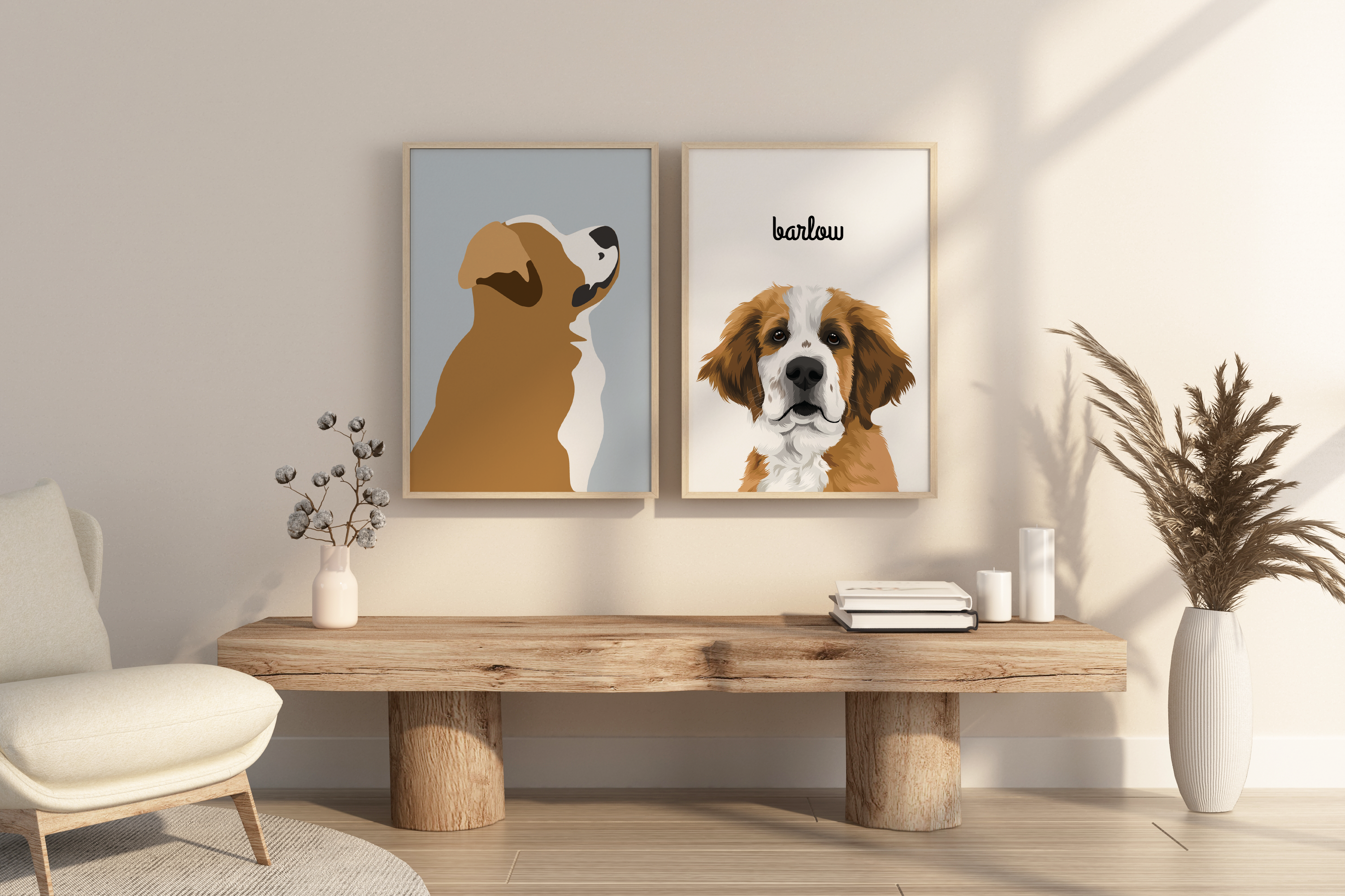 custom bernese mountain dog pet portrait in both a minimal and illustrated style, on 18x24 sized frame in natural wood finish