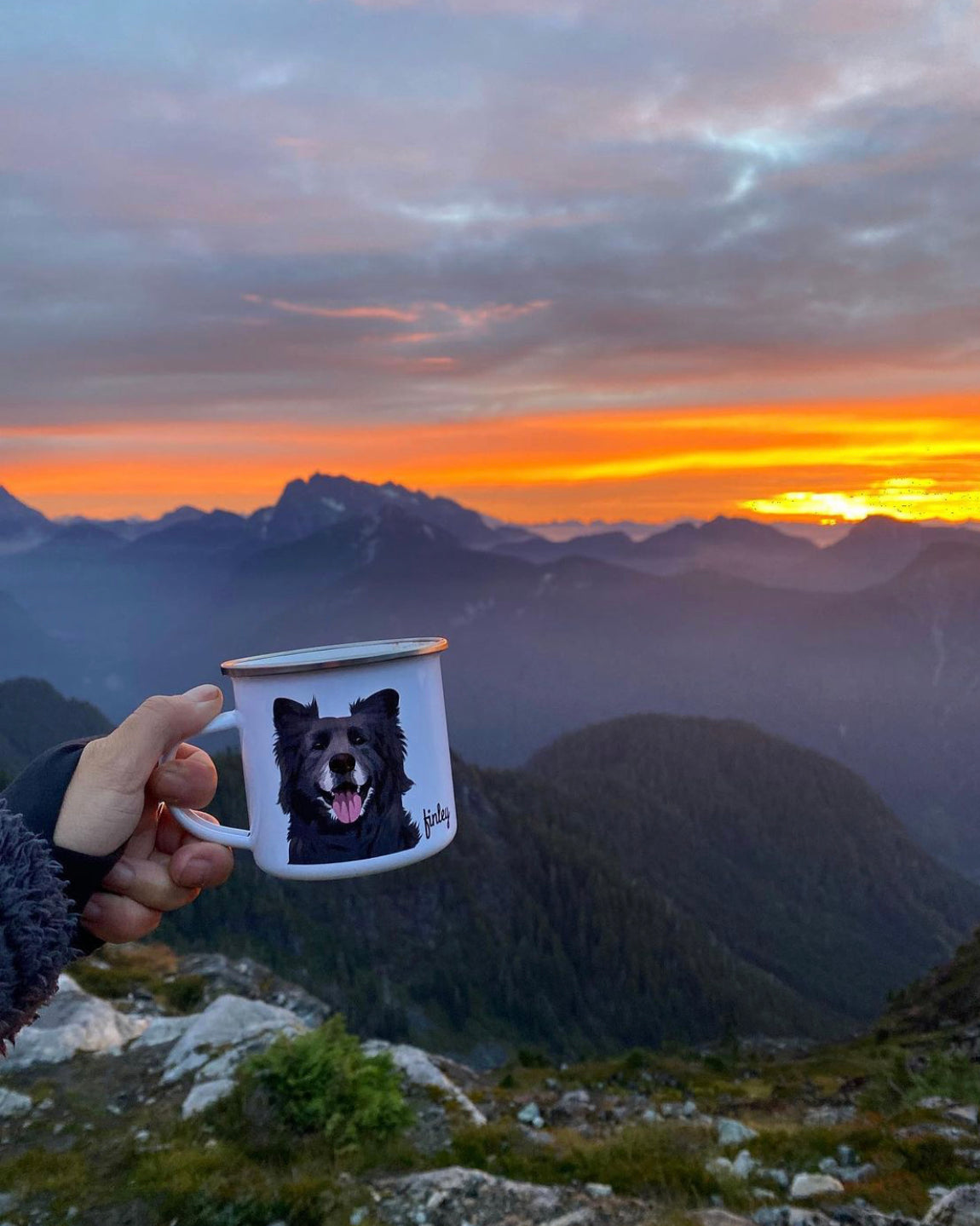 Collie Chow Chow German Shepherd GSD custom portrait on coffee mug overlooking beautiful mountain sunset