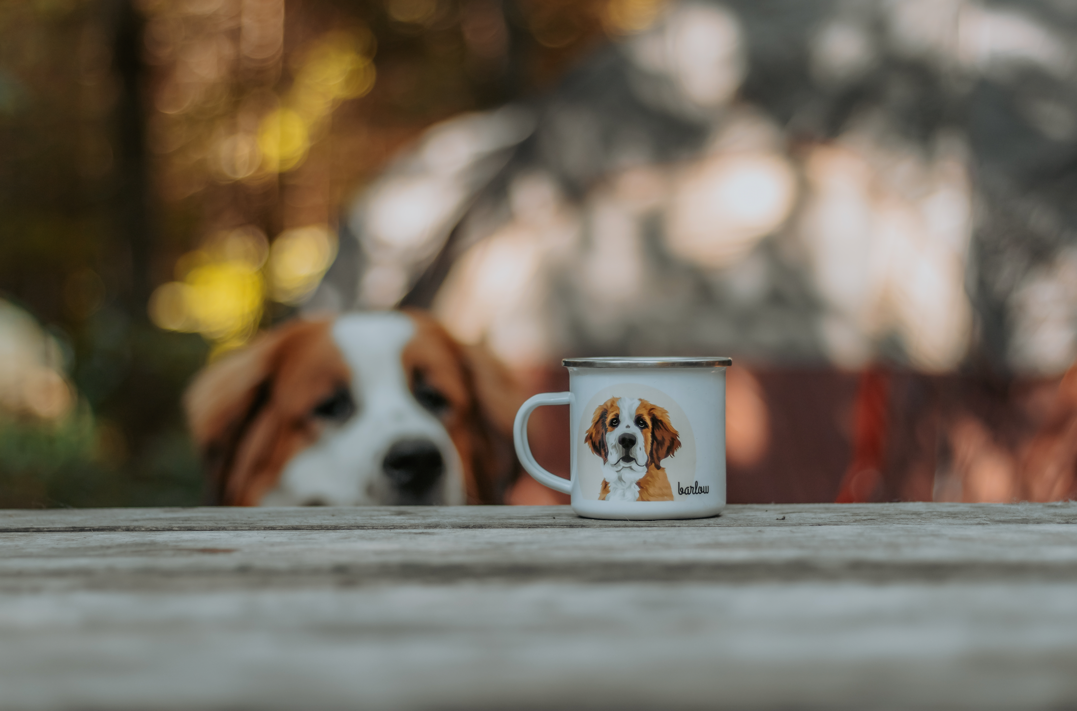 Adorable Bernese Mountain Dog and Custom Pet Portrait displayed on Enamel Mug