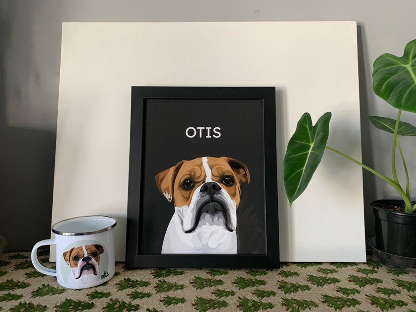English bulldog pet portrait in custom frame and enamel coffee mug