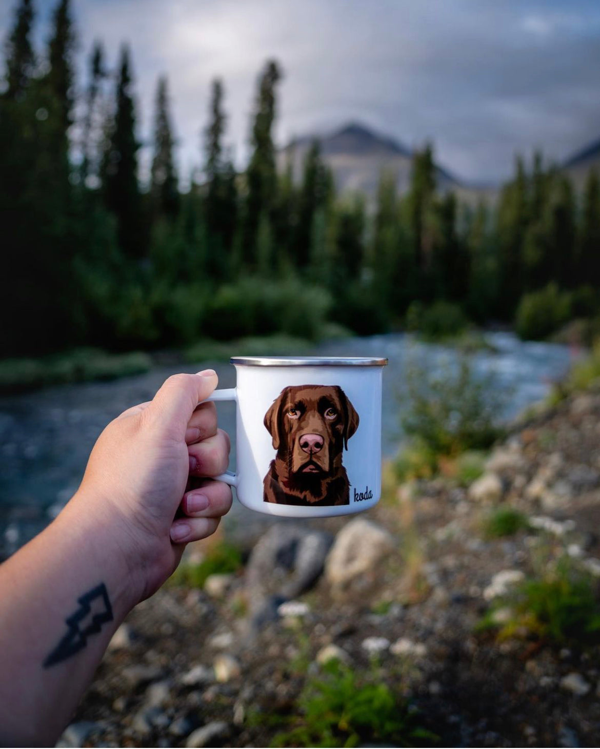Chocolate lab personalized camp mug overlooking beautiful pacific north west PNW scenery